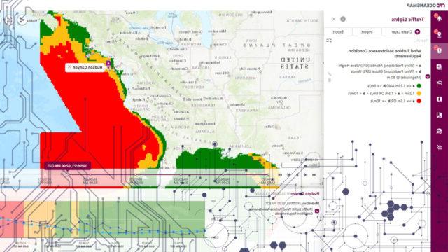 Map generated by OceansMap showing wave and wind predictions to inform offshore wind turbine maintenance requirements